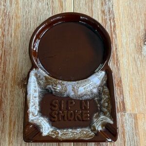 Vintage Sip N Smoke Ceramic Coaster Ashtray Brown Drip Glaze MCM